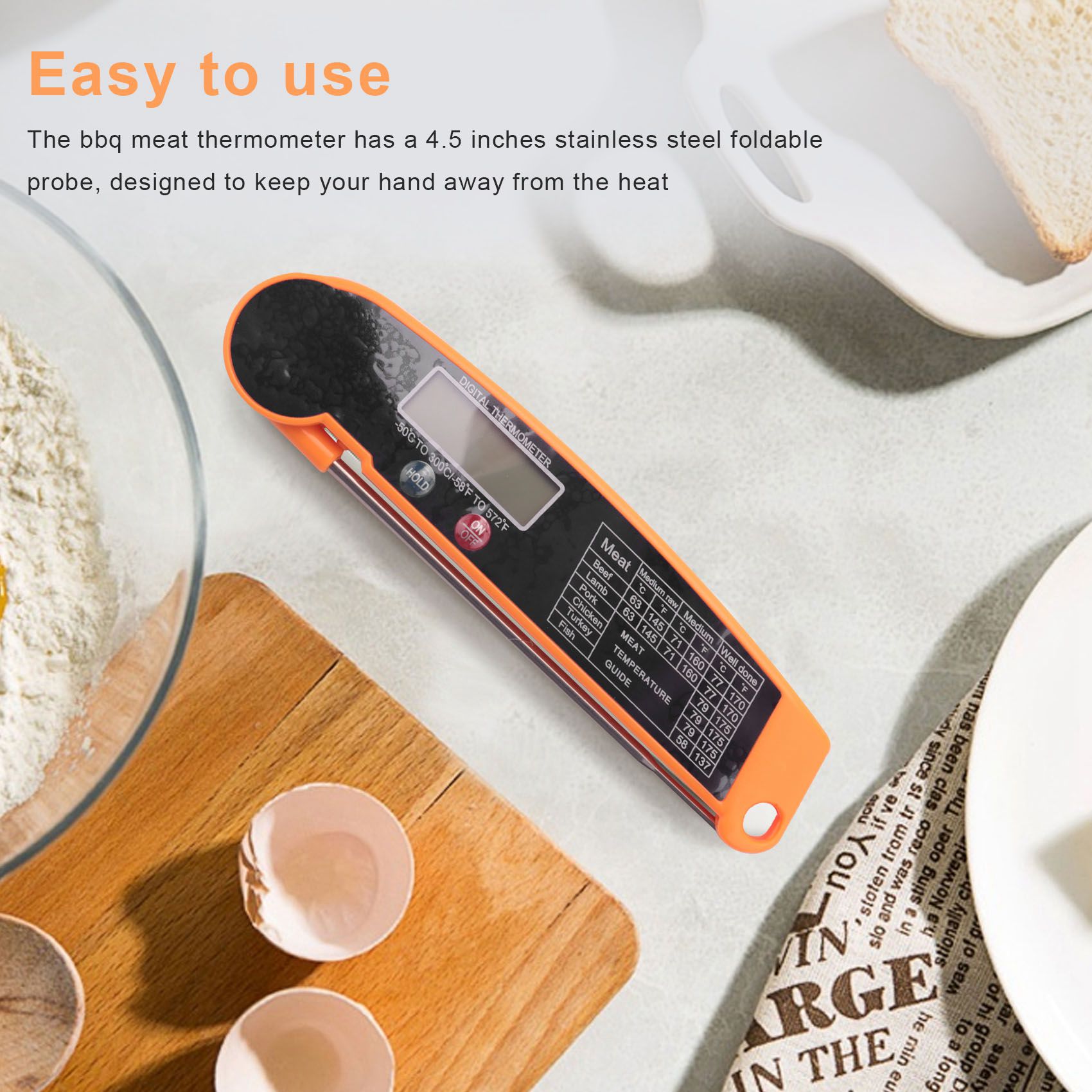 Instant Read Thermometer - เครื่องวัดอุณหภูมิเนื้อสัตว์แบบดิจิตอล ABMI พร้อมหัววัดอุณหภูมิที่มีความแม่นยำสูง เครื่องวัดอุณหภูมิไฟฟ้าสำหรับทำอาหารในครัว
