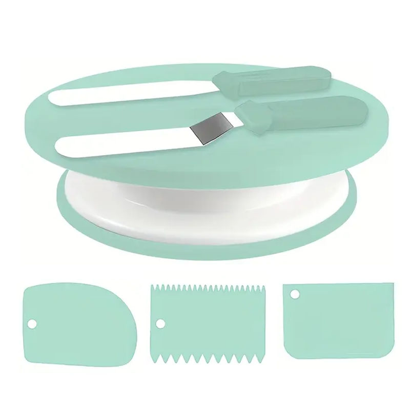 Cake Decorating Turntable - ชุดอุปกรณ์ตกแต่งเค้ก 6 ชิ้น พร้อมจานหมุนกันลื่นสำหรับทำขนม DIY ชุดอุปกรณ์สำหรับผู้เริ่มต้นและทำคัพเค้กบัตเตอร์ครีม