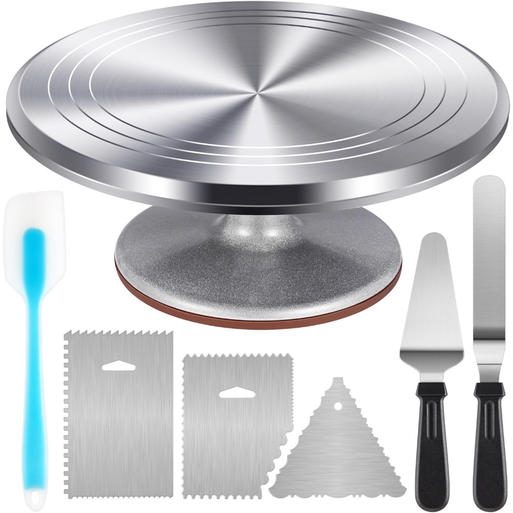 Cake Decorating Turntable - ชุดจานหมุนอลูมิเนียมสำหรับทำเค้ก พร้อมฐานหมุนสำหรับทำขนมหวาน อุปกรณ์ตกแต่งเค้ก และเครื่องมือทำขนม