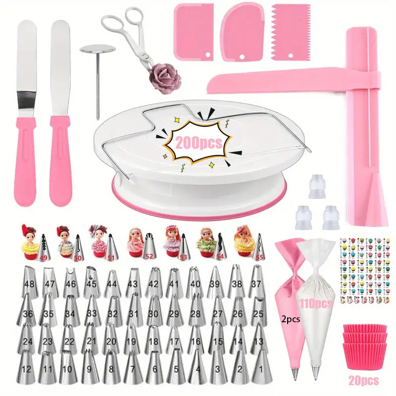 Cake Decorating Turntable - 200 ชิ้น Ultimate เค้ก Turntable ตกแต่งหัวฉีด