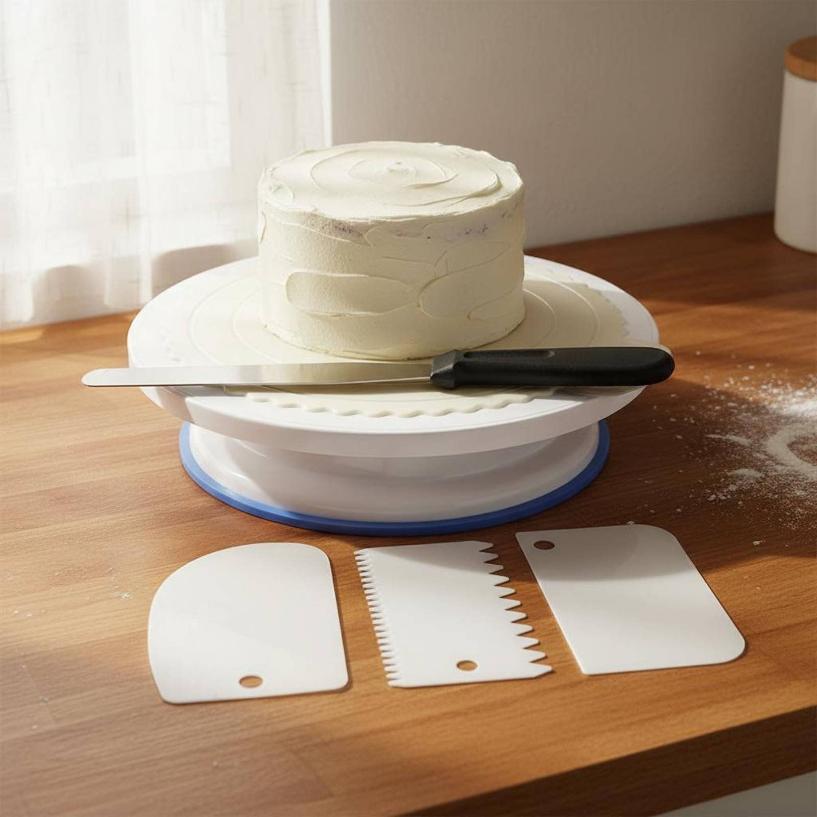 Cake Decorating Turntable - ชุดจานหมุนเค้กและอุปกรณ์ตกแต่ง ชุดอุปกรณ์ทำขนมเค้กพร้อมไม้พายสแตนเลส วัสดุเกรดอาหารสำหรับผู้เริ่มต้น