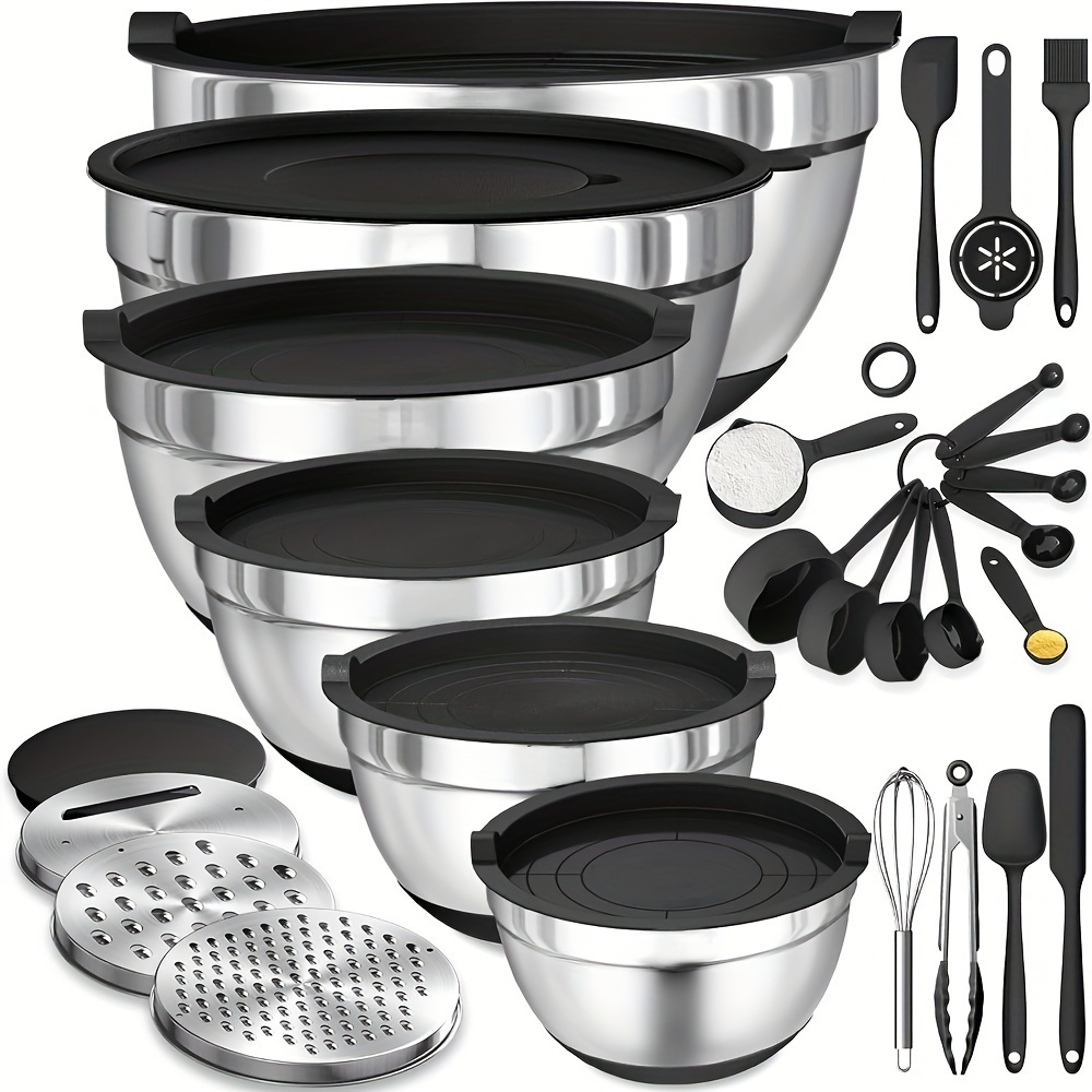 Kitchen Gadgets Set - 17 ชิ้น, ชุดชามผสมสแตนเลสชามผสมพร้อมฝาปิดเครื่องขูดสิ่งที่แนบมา, ชุดอุปกรณ์ครัวกันลื่น, ผสมและเสิร์ฟ