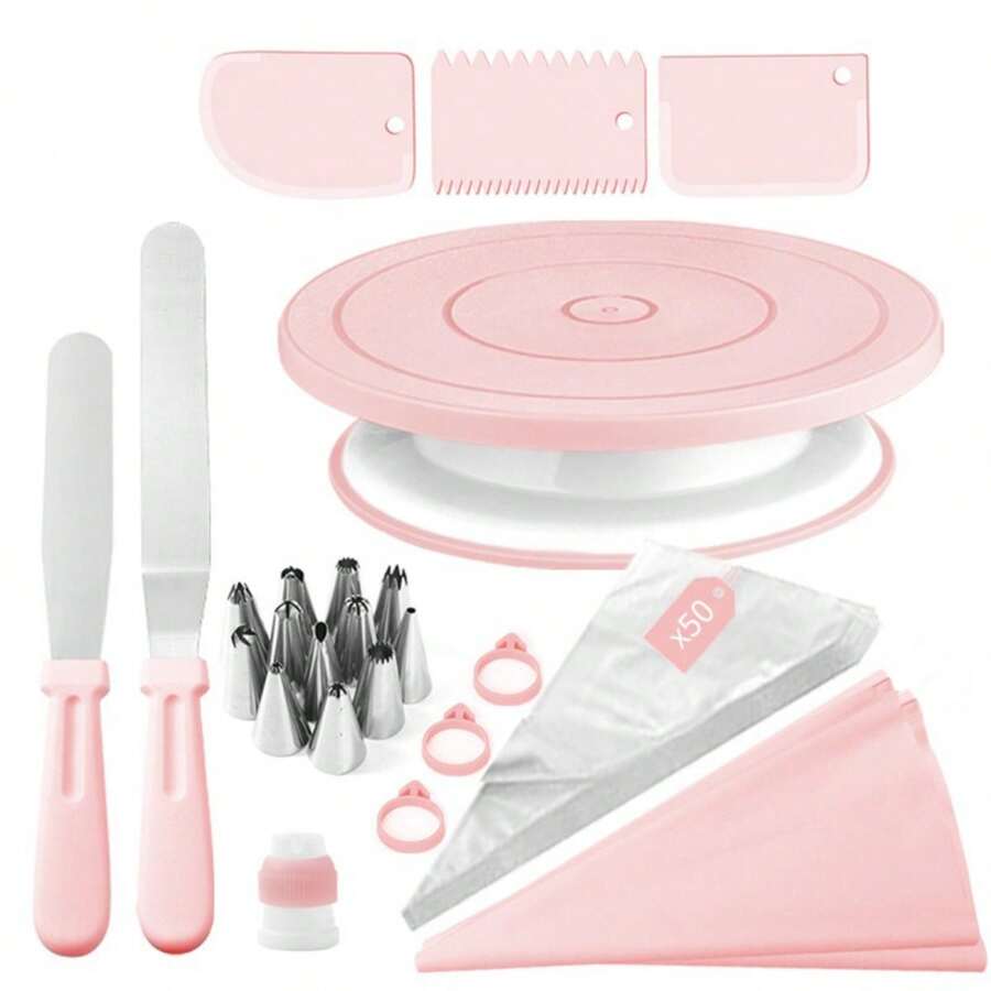Cake Decorating Turntable - 74 ชิ้น ชุดจานหมุนเค้กสีชมพูและสีเขียว, ชุดหัวบีบสแตนเลส, ตกแต่งเค้ก, หัวบีบไอซิ่ง,
