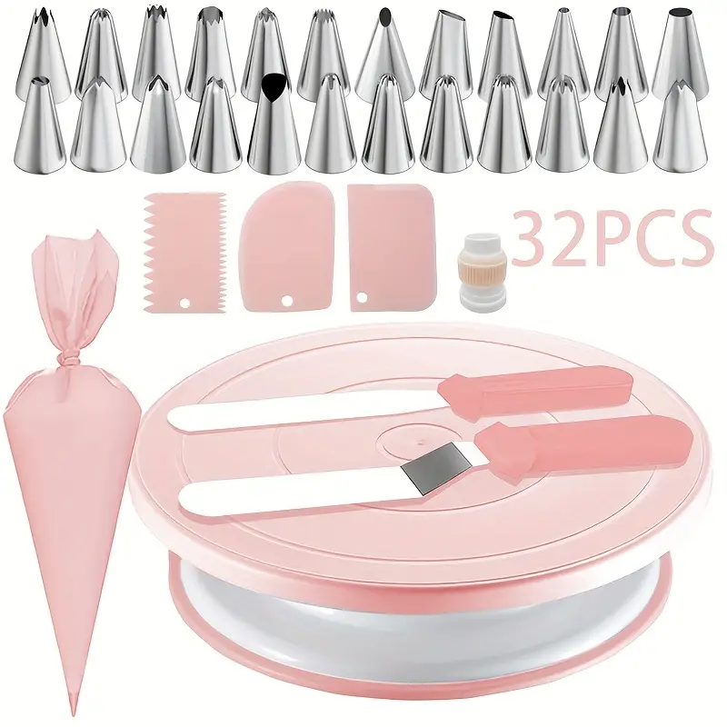 Cake Decorating Turntable - ชุดตกแต่งเค้ก 32 ชิ้น พร้อมจานหมุน หัวบีบครีม อุปกรณ์อบขนมครบชุดสำหรับผู้เริ่มต้น