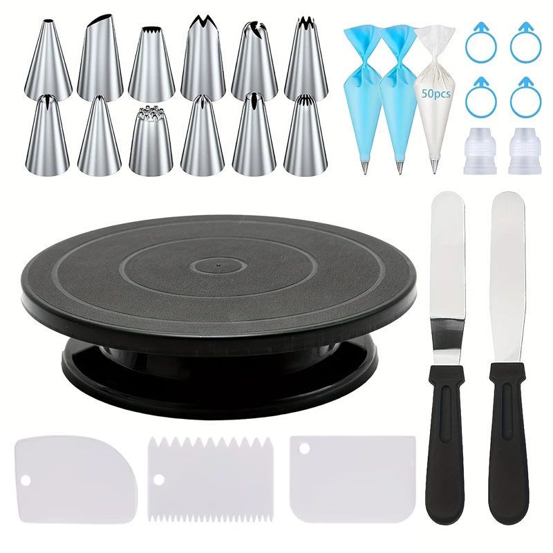 Cake Decorating Turntable - ชุดเครื่องมือตกแต่งเค้ก 76 ชิ้น-แผ่นเสียงกันลื่นสําหรับผู้เริ่มต้นและมืออาชีพ DIY ครีมคุกกี้เค้กทําเบเกอรี่เครื่องมือ