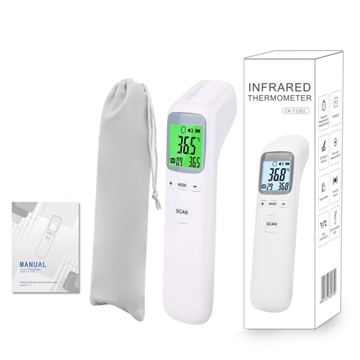 Instant Read Thermometer - เครื่องวัดอุณหภูมิสำหรับผู้ใหญ่และเด็ก, เครื่องวัดอุณหภูมิหน้าผากแบบไม่ต้องสัมผัส, ระบบแจ้งเตือนไข้, อ่านค่าได้ทันทีและแม่นยำแบบดิจิตอล
