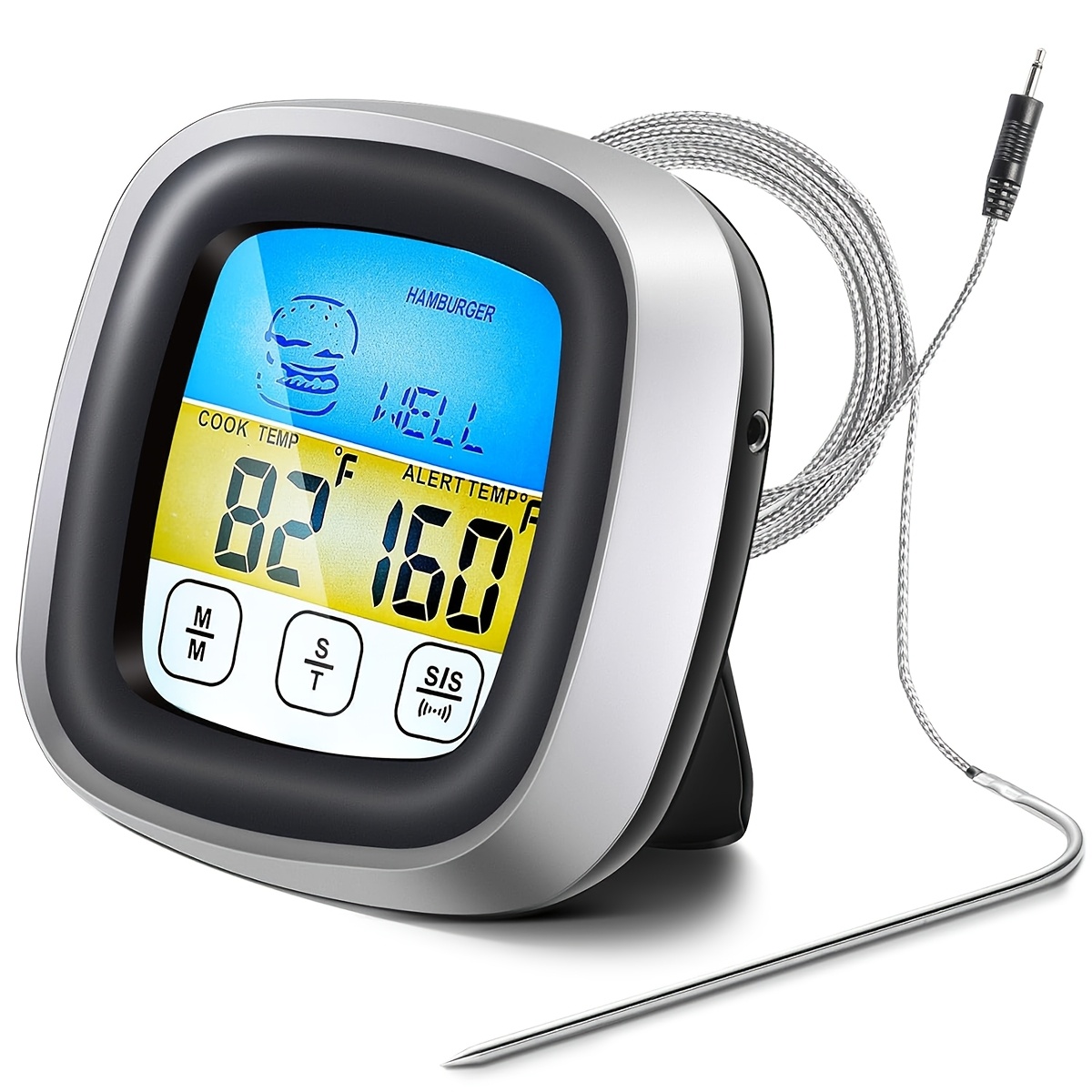 Instant Read Thermometer - เทอร์โมมิเตอร์วัดอุณหภูมิเนื้อแบบดิจิตอล พร้อมตัวจับเวลาสำหรับบาร์บีคิว อุปกรณ์ทำอาหาร หัววัดยาว เทอร์โมมิเตอร์สำหรับเตาอบ หน้าจอสัมผัส