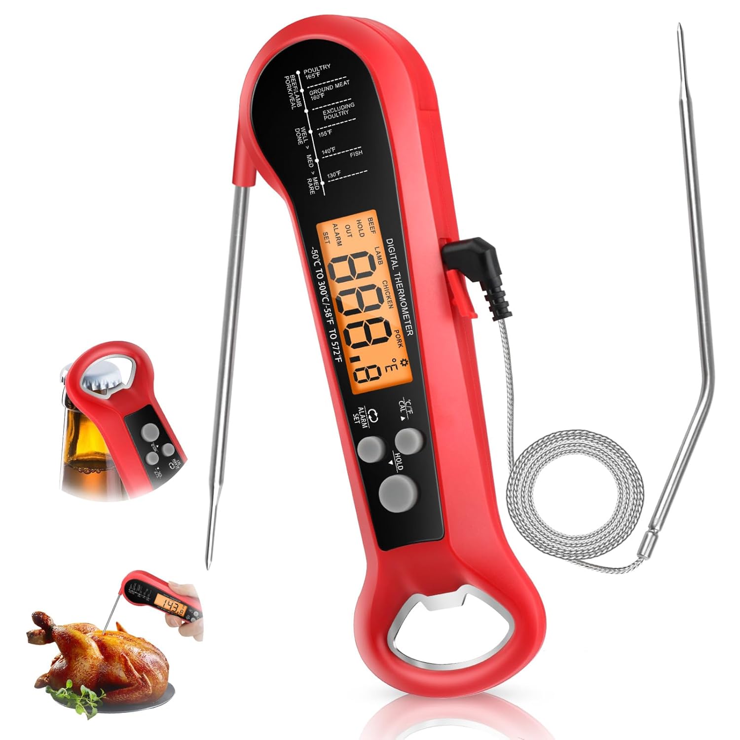 Instant Read Thermometer - เทอร์โมมิเตอร์วัดอุณหภูมิเนื้อแบบดิจิตอลสำหรับมืออาชีพ กันน้ำ พร้อมหัววัด 2 หัว สายยาว