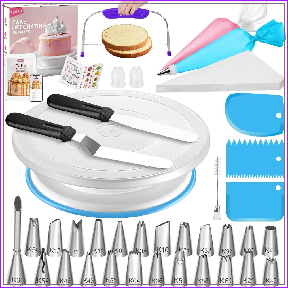 Cake Decorating Turntable - ชุดตกแต่งเค้ก 65 ชิ้น พร้อมจานหมุน, ถุงบีบครีมและหัวบีบ, ตะหลิว,