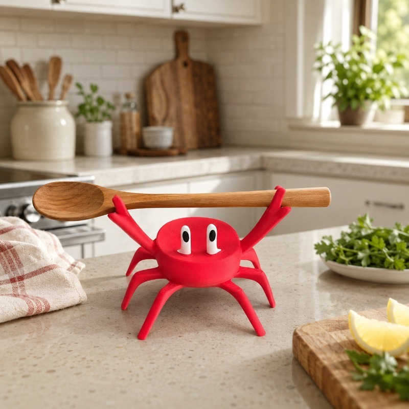Kitchen Gadgets To Gift - ที่วางช้อนรูปปูสีแดง, ที่วางอุปกรณ์ครัวรูปปูน่ารักสำหรับวางบนเคาน์เตอร์ครัว, ที่วางช้อนสำหรับตะหลิว, ตะเกียบ, ของขวัญอุปกรณ์ครัว