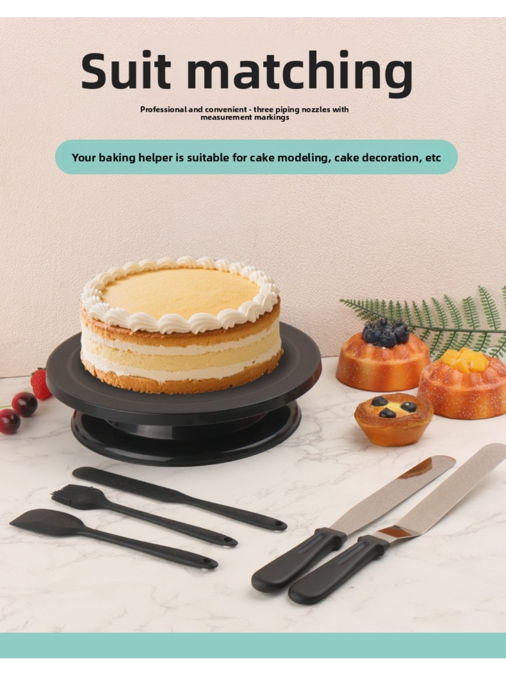 Cake Decorating Turntable - ชุดจานหมุนเค้กพลาสติกพร้อมไม้พายครีม อุปกรณ์ตกแต่งเค้กแบบ DIY ชุดเครื่องมือแต่งหน้าเค้กด้วยไอซิ่ง