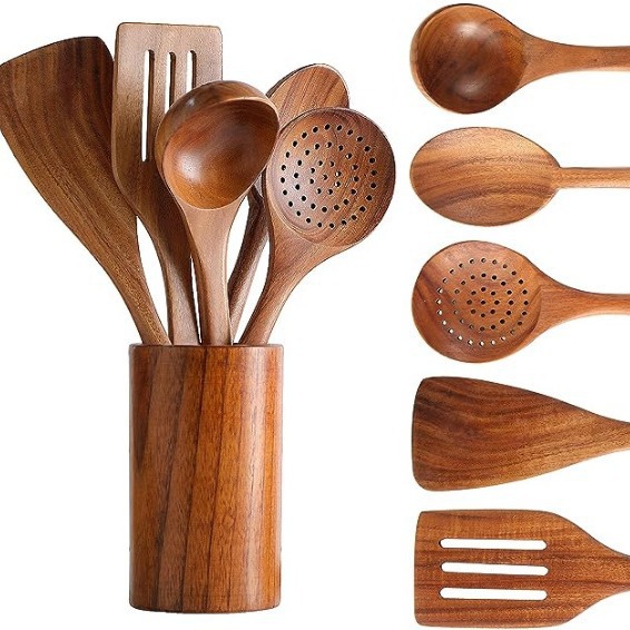 Kitchen Gadgets Under 100 - ชุดอุปกรณ์ครัวไม้ 6 ชิ้น ชุดช้อนไม้พายสำหรับทำอาหารในครัวเรือน ช้อนสลัด ส้อม