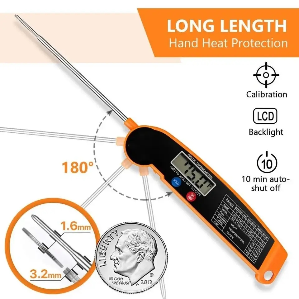 Instant Read Thermometer - เทอร์โมมิเตอร์วัดอุณหภูมิอาหารแบบดิจิตอลกันน้ำ พร้อมไฟแบ็คไลท์ อ่านค่าได้ทันที สำหรับย่างบาร์บีคิว เตาอบ -
