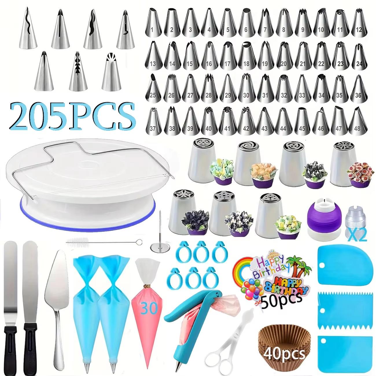 Cake Decorating Turntable - ชุดตกแต่งเค้กพร้อมจานหมุนตกแต่ง 205 ชิ้น, ชุดอุปกรณ์ตกแต่งขนมสำหรับทำที่บ้าน, อุปกรณ์ทำขนม