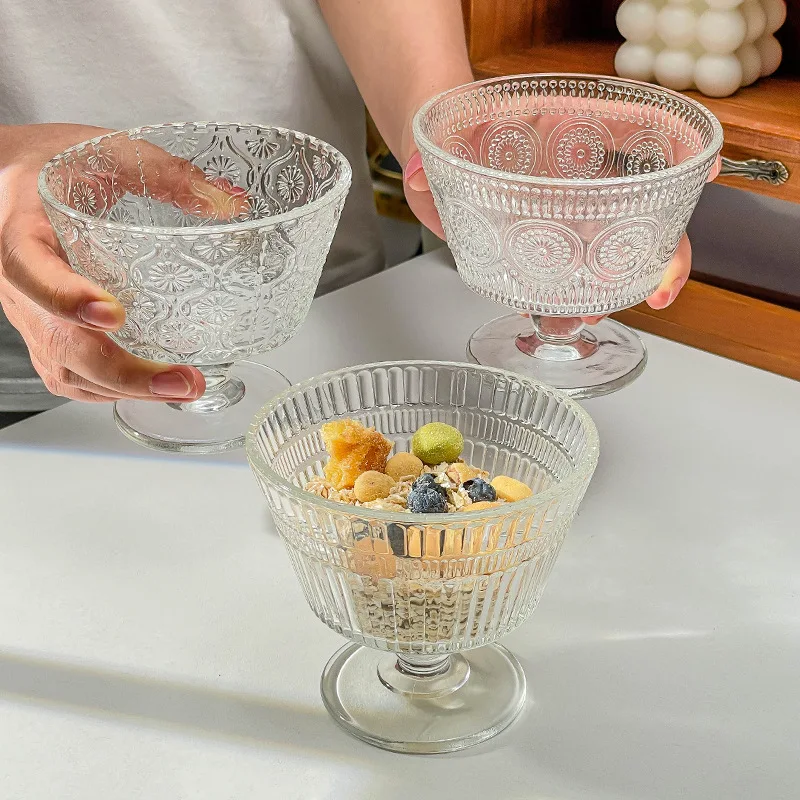Kitchen Gadgets Vintage - แก้วลายดอกไม้สไตล์วินเทจ ถ้วยแก้วใส่ไอศกรีม ของหวาน อุปกรณ์ครัว แก้วค็อกเทล