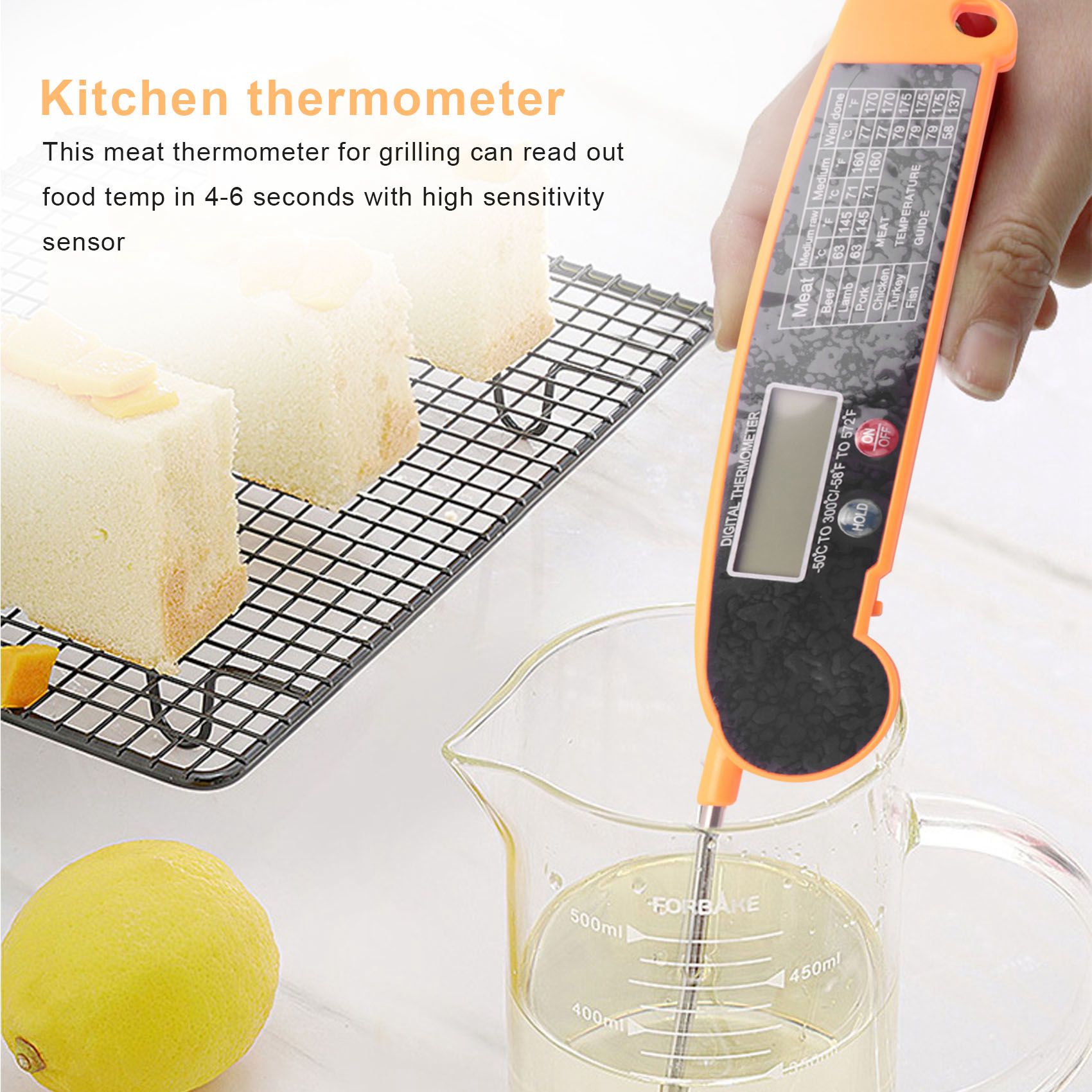 Instant Read Thermometer - เครื่องวัดอุณหภูมิเนื้อแบบดิจิตอลอ่านค่าได้ทันที พร้อมหัววัดอุณหภูมิที่แม่นยำสูง เครื่องวัดอุณหภูมิไฟฟ้าสำหรับทำอาหารในครัว